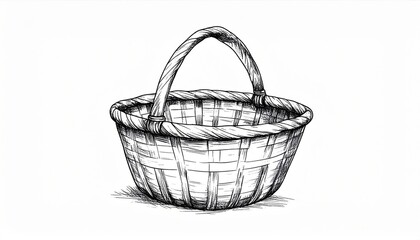 Obraz premium Rustic Woven Basket with Handle Isolated on White Background Artistic Line Drawing