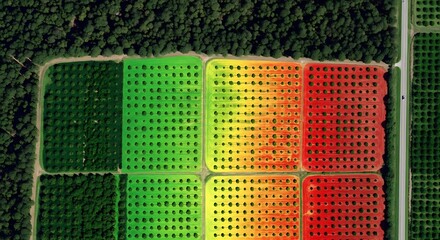 Fototapeta premium Top-down drone perspective of agricultural fields with a thermal imaging data overlay showing crop health and soil analysis