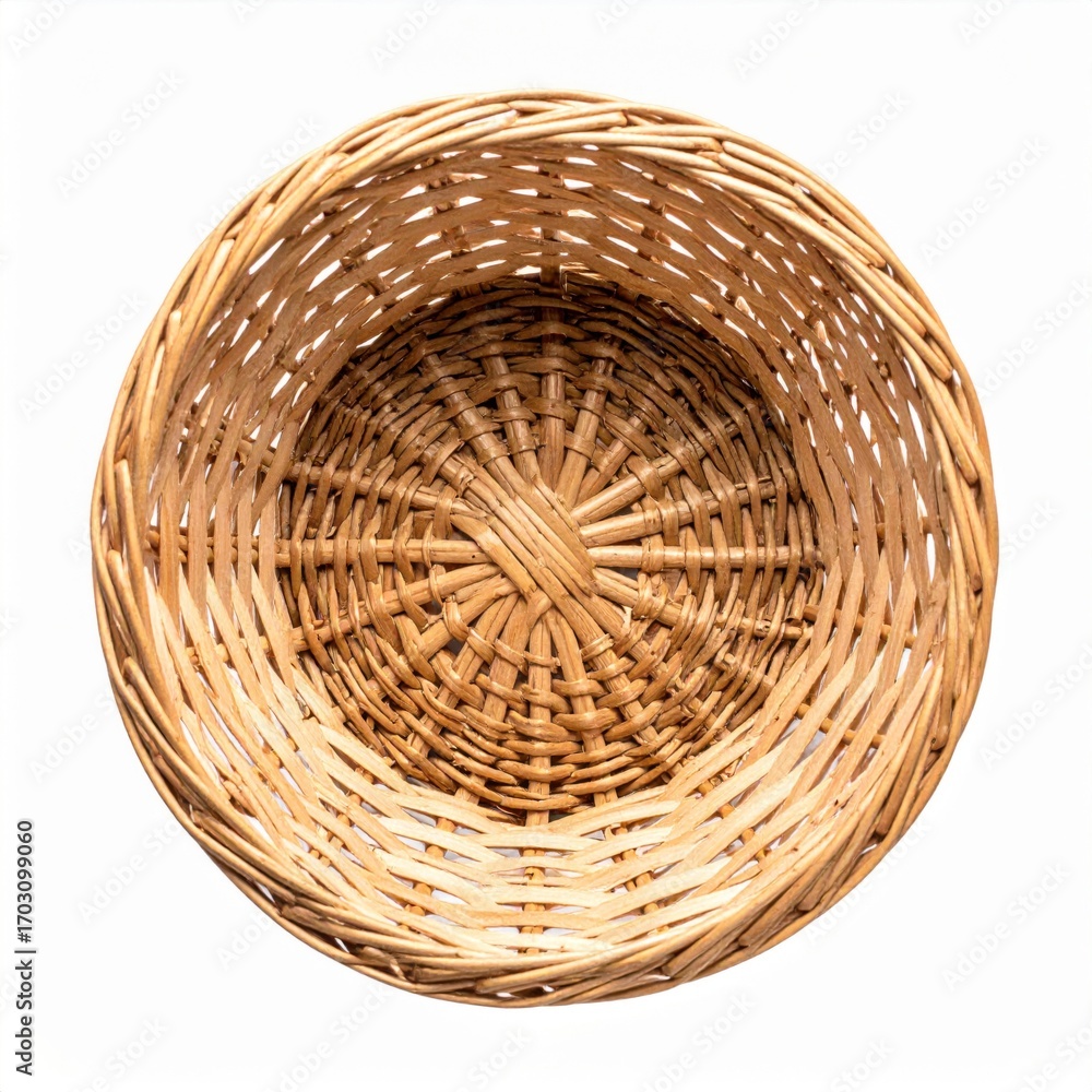 Poster woven wicker basket container empty and round on white background in studio lighting