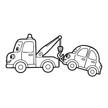 Cartoon style tow truck with smiling face towing a small car with a happy expression in black and white