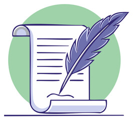 Classic feather quill pen writing on a vintage paper scroll document vector illustration