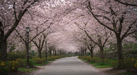 Naklejka premium A Serene Path Winding Through an Enchanting Tunnel of Vibrant Pink Cherry Blossom Trees, Bathed in the Soft Light of Spring, Creating a Picturesque Natural Archway for Peaceful Walks
