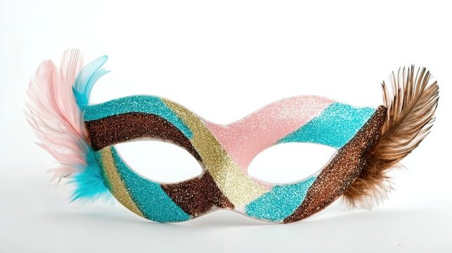 Sparkling mask with golden feathers for masquerade, perfect for ball concepts, dramatic visuals, and elegant presentations