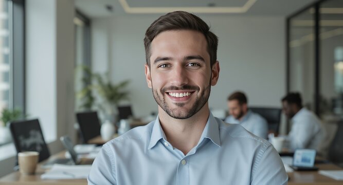 Smiling businessman portrait in modern office, corporate headshot, happy employee, business success, team leader, professional, confident, cheerful, workplace, career, job, occupation, executive,