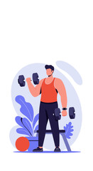 A strong athletic man exercising with dumbbells for a powerful workout. Flat vector illustration of strength training and a healthy lifestyle