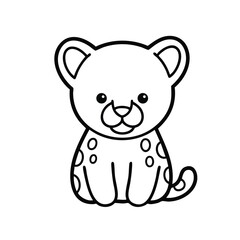 Cute cartoon-style black and white line drawing of a sitting spotted baby leopard with big eyes and rounded ears