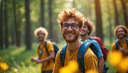 Fototapeta premium Group of smiling men with curly red hair hiking in a forest. They wear yellow t-shirts and blue backpacks, enjoying summer nature. Friends on outdoor adventure, teamwork activity, and team building.
