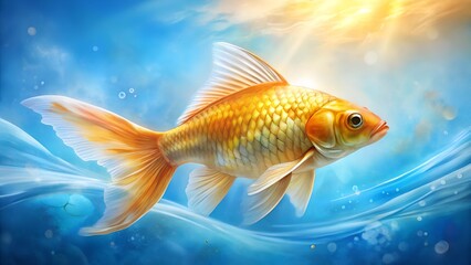 Fototapeta premium Koi fish swimming in a dreamy sky landscape, Eagle ray swimming over the seabed with plants, Two rays swim in the ocean with sunlight, Watercolor painting of a koi fish and water lily