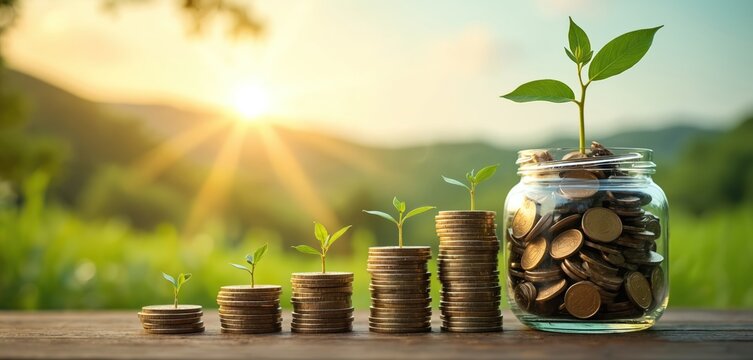 Money savings growth concept. Stacks of coins with young plants sprout from them, jar full of coins in sunny nature background. Sustainable finance, investment strategy, wealth building.