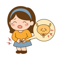 A woman holds her stomach because of cystitis from bacteria, illustration cartoon on white background