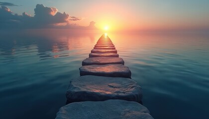 Abstract visualization of stepping stones across calm sea at dawn. Represents life journey, wisdom, overcoming challenges, personal achievement. Path resilience, success, foresight, fulfillment.