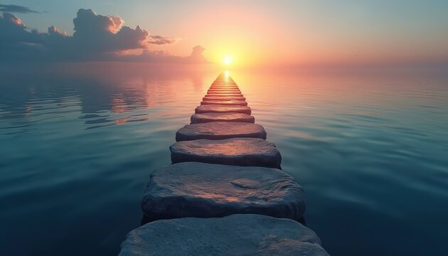 Abstract visualization of stepping stones across calm sea at dawn. Represents life journey, wisdom, overcoming challenges, personal achievement. Path resilience, success, foresight, fulfillment.