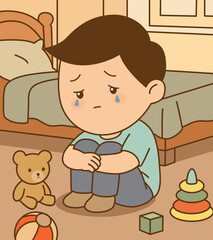 Boy sitting and crying on the bedroom floor felling sad depression, illustration cartoon on white background