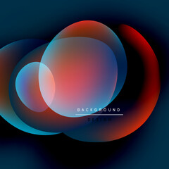 Abstract circles overlap, creating vibrant color gradients. Blue, red, purple hues blend seamlessly. Modern design element.