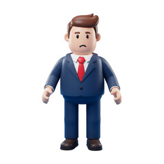 A 3D cartoon businessman in a suit stands with a sad expression, Isolated on a Transparent Background, PNG, Cutout