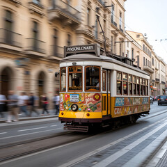 a fast moving tram in the streets of casablanca