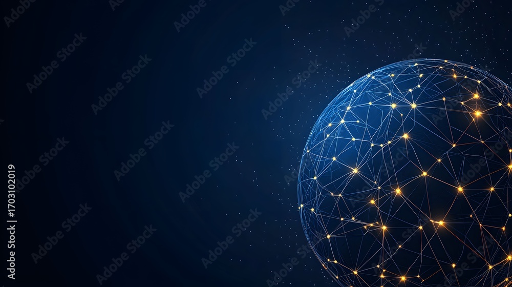 Poster a digital globe with glowing nodes and connecting lines is set against a dark blue, star-filled back