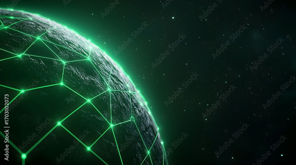 Poster the image shows a dark, textured globe overlaid with a network of bright green lines and nodes, set 