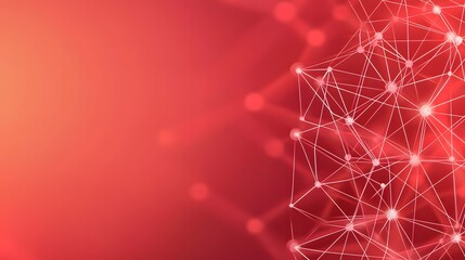 A red gradient background featuring a white network of connected nodes and lines forming a digital-style pattern, evokes ideas of connectivity, technology, and modern communication.