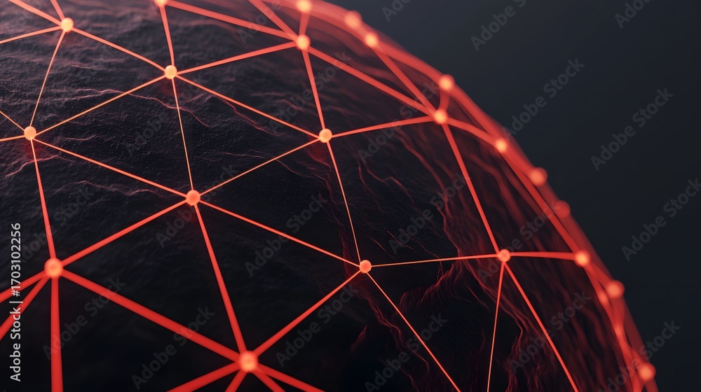 Poster the image shows an abstract digital network with glowing red lines and nodes over a dark, textured b