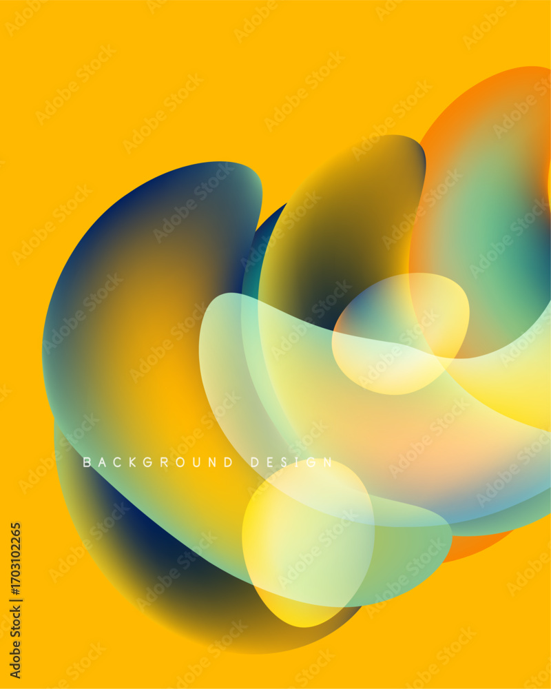 Poster abstract fluid shapes overlap, creating vibrant color gradients. yellow background enhances dynamic 