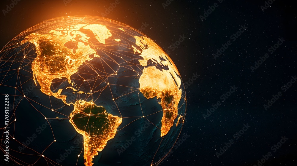 Poster this image shows a detailed, glowing representation of earth with visible continents and network con