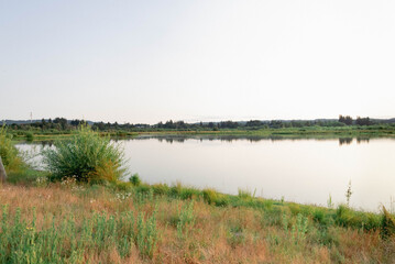 Wetland area with large still body of water reflecting some small tress in the distance.