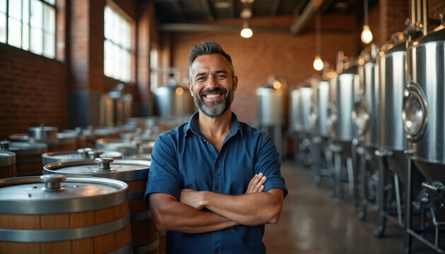 Hispanic brewery owner smiles confidently arms crossed near beer kegs and fermentation tanks. Mature businessman in casual attire represents successful small business in craft beer industry.