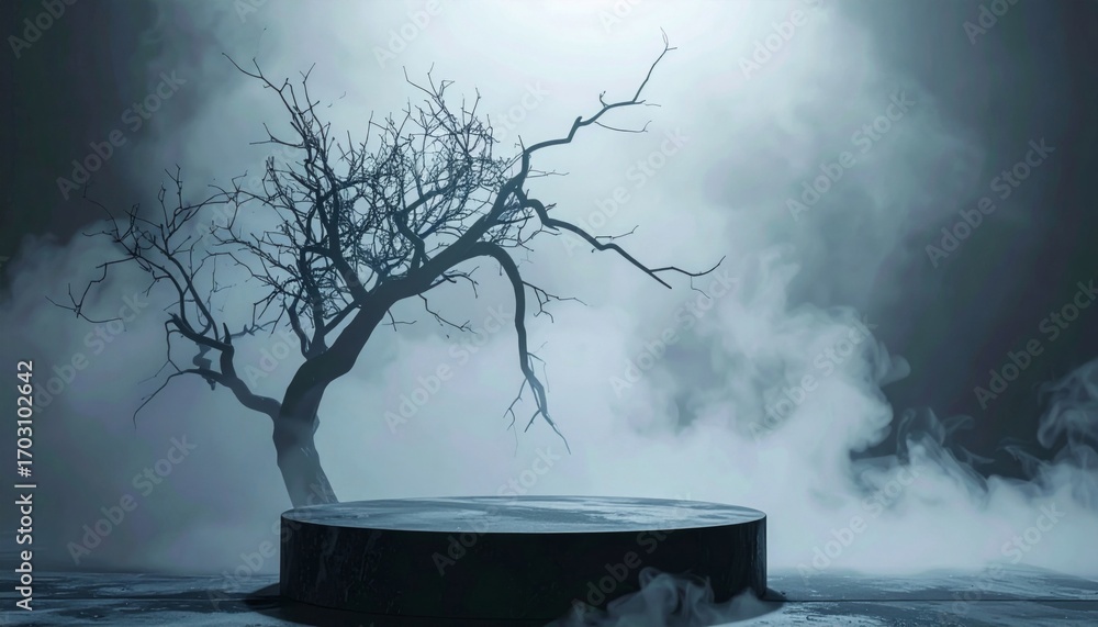 Poster pixelated tree silhouette on a round platform in dark foggy studio setting