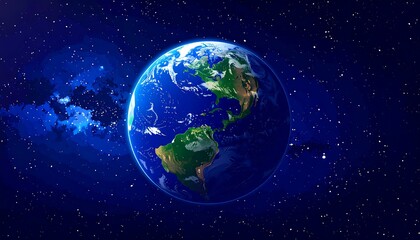 Vivid illustration of planet Earth floating in a dark, star-filled cosmic expanse. Continents and oceans are highly detailed