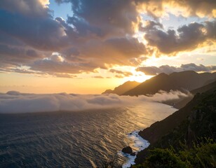 Coastal sunset over clouds
