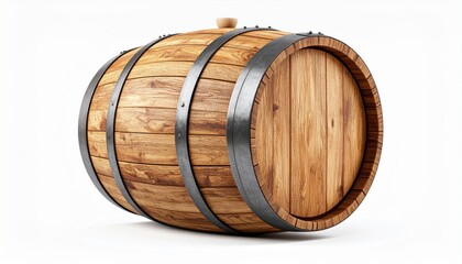 Aged Brown Oak Wooden Barrel for Wine Beer or Alcohol Storage on White Background
