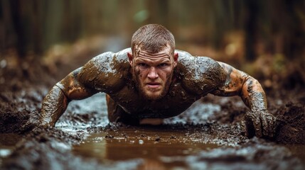 Man crawling through muddy obstacle course woods He Closeup of strong athletic