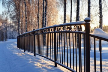 Long black metal fence curved top is covered winter landscape iron
