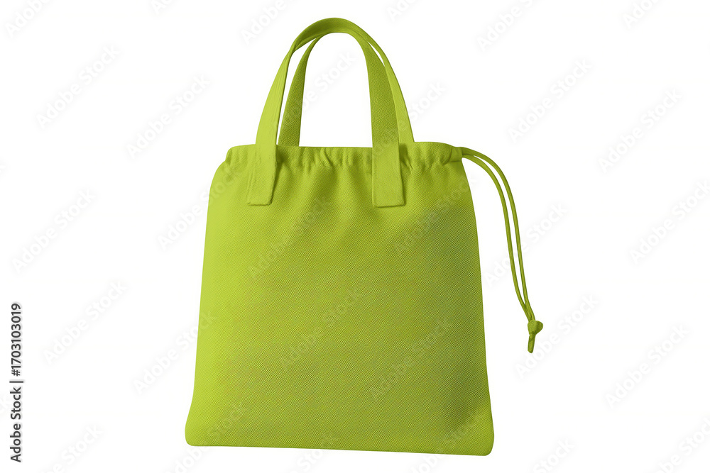 Poster studio shot of a lime green tote bag with a drawstring closure, isolated on a transparent background