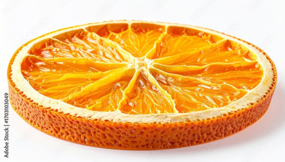 Poster macro shot of dried orange slice with textured surface and vibrant color