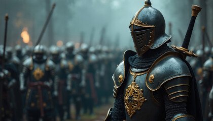 Close-up of medieval knight in ornate armor holding sword. Fellow warriors stand in battle formation. Intense, atmospheric scene evoking honor, battle, tradition, chivalry, and courage.