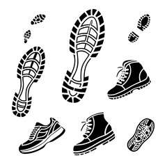 Collection of black shoe sole prints and footwear icons on a white background