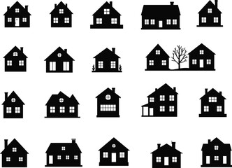 Black house icon collection, residential home silhouettes vector set, real estate property design elements for maps, apps, and architecture projects