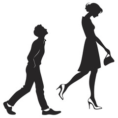 Silhouette of a man looking up at a woman walking away holding a handbag and wearing high heels