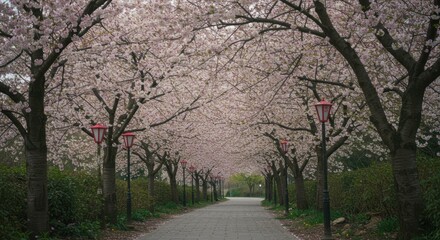 Obraz premium A picturesque pathway lined with blooming cherry blossom trees, creating a magical tunnel of pink flowers during springtime