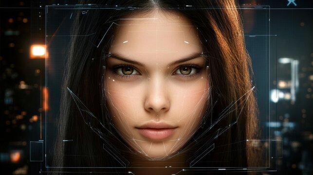 Close-up portrait young woman face She has long Authentication by facial recognition