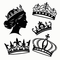 Fototapeta premium Collection of elegant black silhouette crowns and a royal queen s profile on a white background