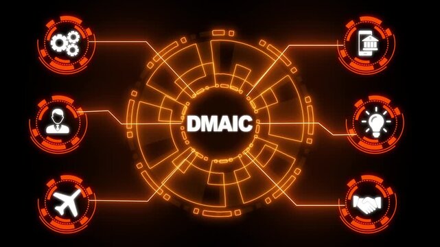 Glowing Neon DMAIC, Six Sigma. Define, Measure, Analyse, Improve, Control. Standard quality control and lean manufacturing concept.