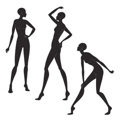 Three stylized black female silhouettes in dynamic fashion poses against a white background