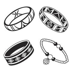 Collection of four stylized black and white illustrations of rings and a beaded bracelet