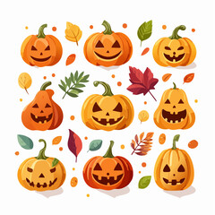 Various Jack-O'-Lanterns with Leaves
