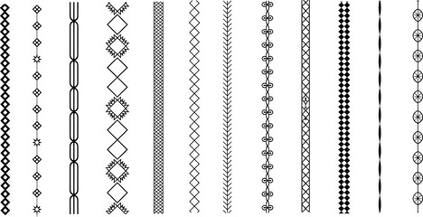 Vector set of decorative vertical borders and ethnic trim designs for fabric, embroidery, textiles, scrapbooking, or digital patterns.