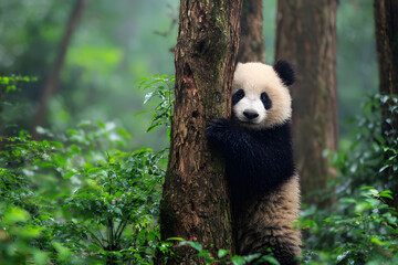 Obraz premium Panda embracing a tree trunk with a lush forest backdrop creating a serene nature scene