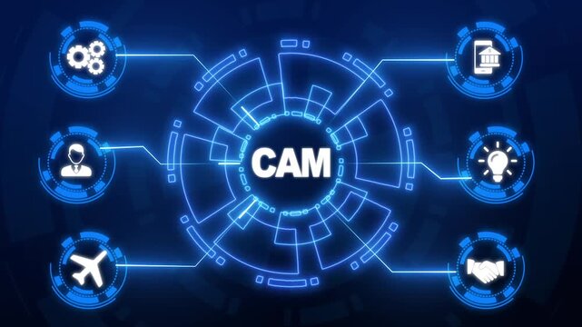 Glowing Neon CAM Computer-aided manufacturing industrial technology automation concept.